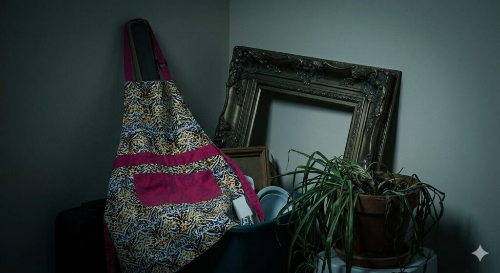 処分しにくく保管に困る雑貨や、手入れが大変な鉢植えのイメージ。