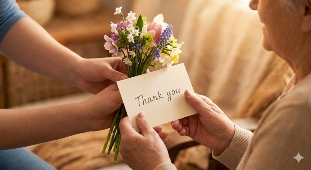 感謝の言葉を添えたカードと花束を、お母様に手渡す温かい瞬間。