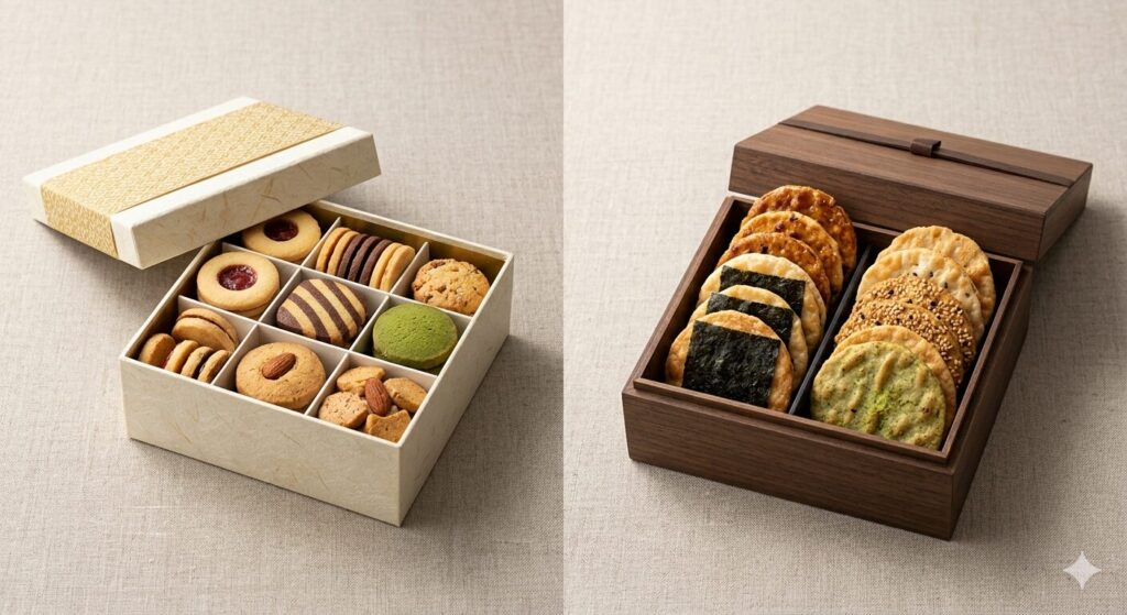 甘いものが苦手な方にも喜ばれる、高級な詰め合わせ菓子（洋菓子と米菓）の比較イメージ。