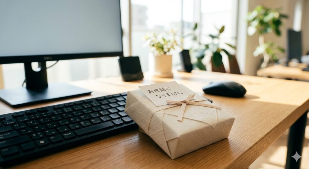 不在の同僚のデスクに置かれた、感謝の付箋付きのプチギフト。