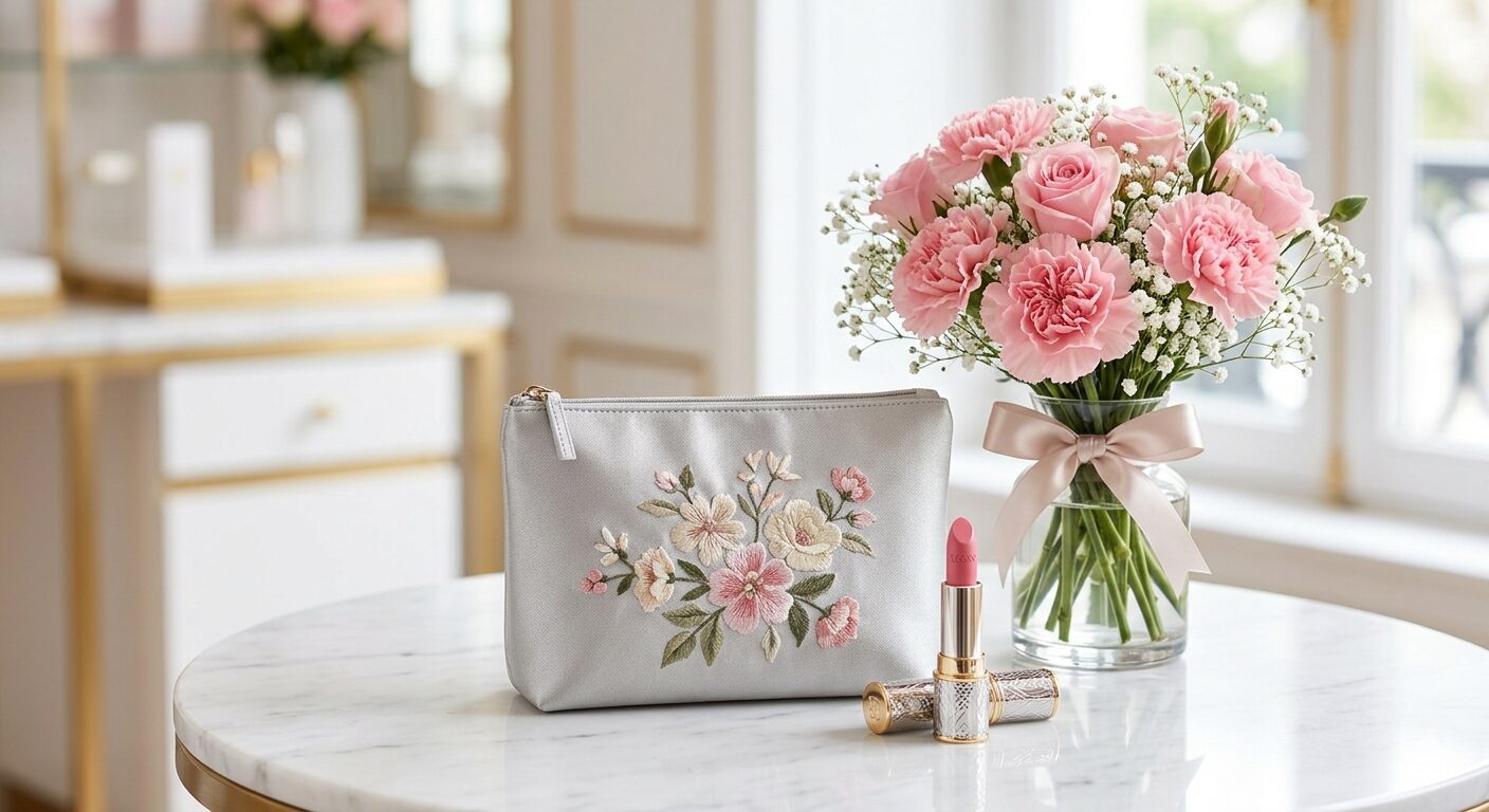 母の日のプレゼントに喜ばれる、シルバーの限定ポーチとDiorスタイルのコスメ・カーネーションのセット。