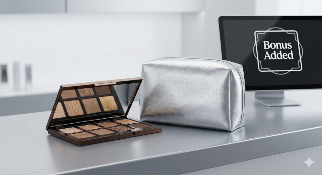 ポーチ獲得の条件となる「アイ製品」と「合計金額」をイメージした、ラグジュアリーなコスメの配置。