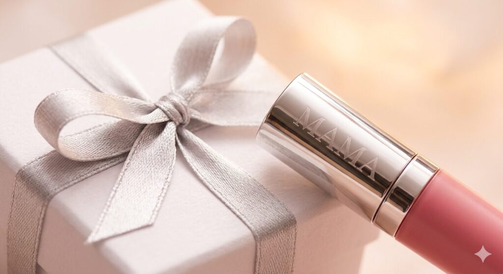 「MAMA」と刻印された特別なリップと、リボンが掛けられた美しいギフトボックス。
