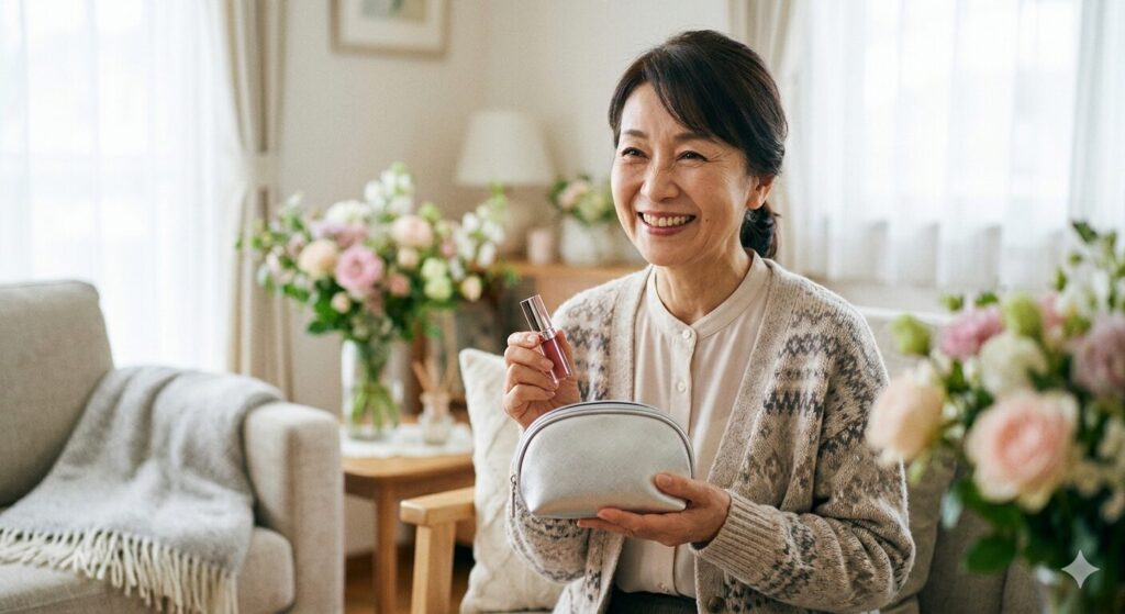 プレゼントされたDiorスタイルのポーチを手に、幸せそうに微笑むお母様の姿。