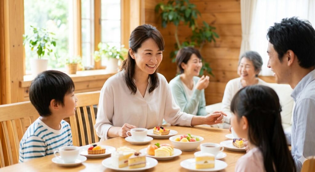 ギフトをきっかけに家族で団らんを楽しむ、笑顔のお母様と家族。