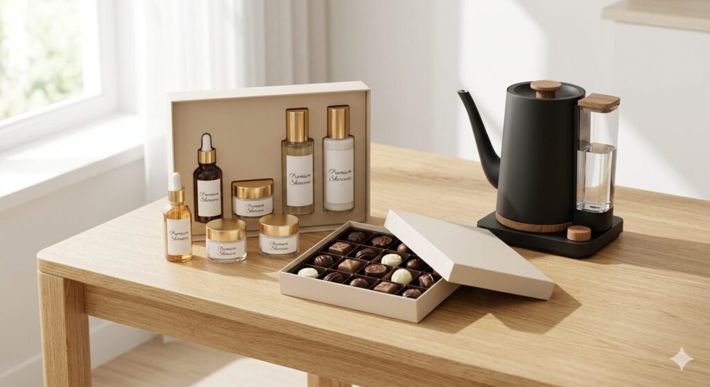 母の日におすすめの、スイーツ、コスメ、時短家電などのバラエティ豊かなギフトセット。