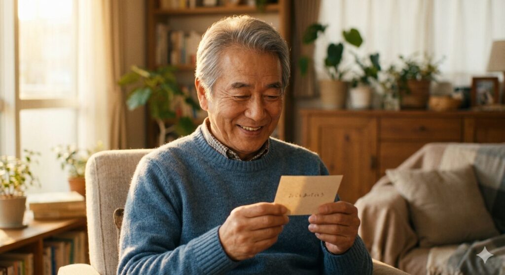 メッセージカードを読み、幸せそうに微笑むお父様の姿。