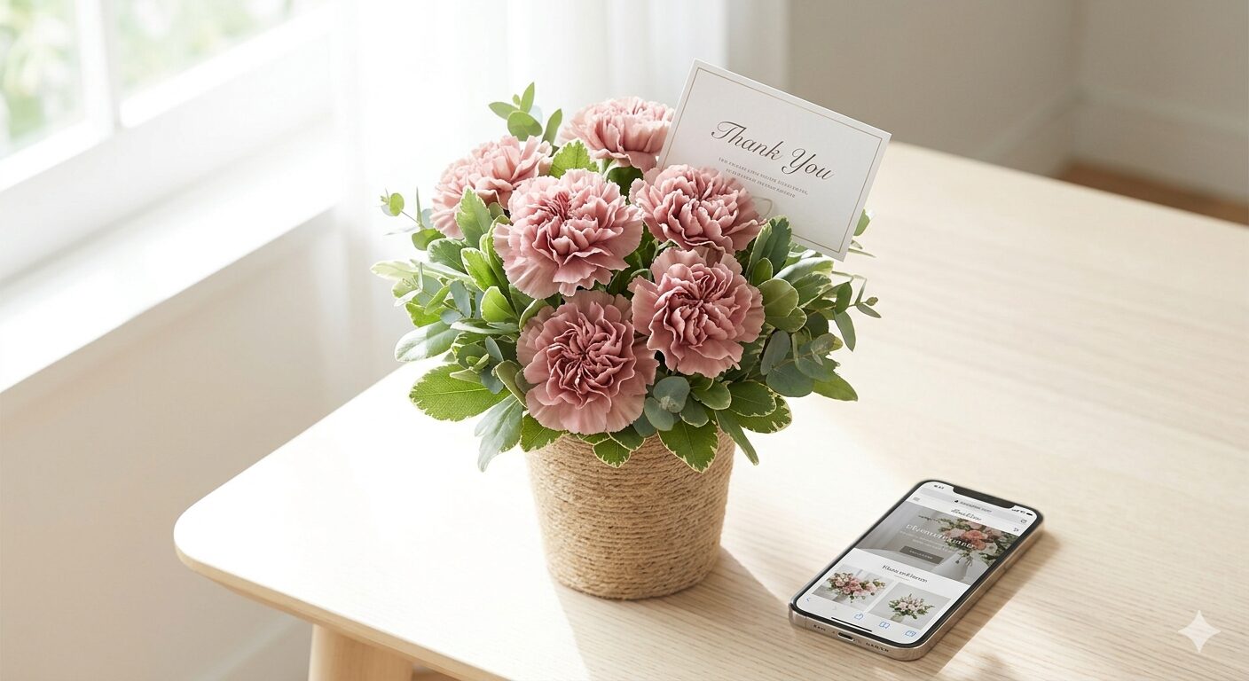 母の日に贈る、くすみピンクのカーネーションとグリーンの洗練されたフラワーアレンジメント。