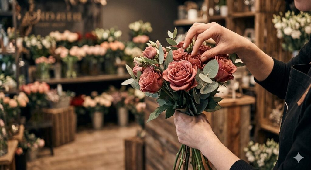 青山フラワーマーケットらしい、絶妙な色合わせのブーケを制作するフローリストの手元。