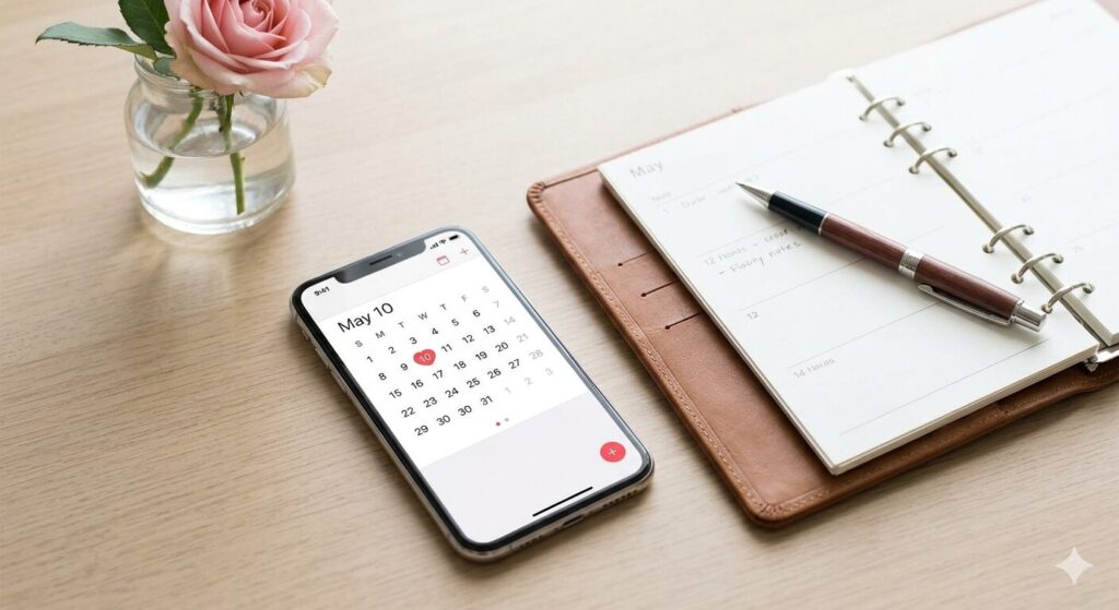 カレンダーで母の日（5月10日）を確認しながら、スマホで予約を済ませる様子。