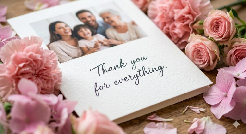 ピンクのお花に添えられた、写真とメッセージ入りの温かいグリーティングカード。