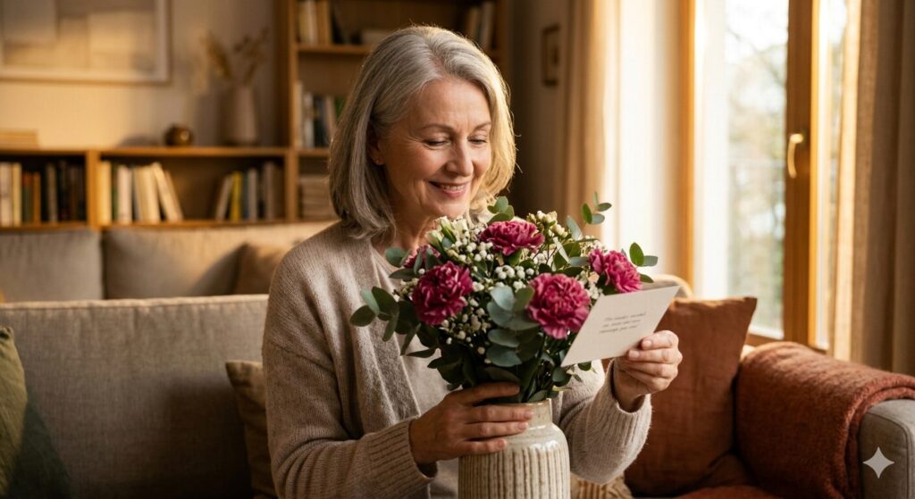 青山フラワーマーケットのギフトを受け取り、幸せそうな表情を浮かべるお母様。