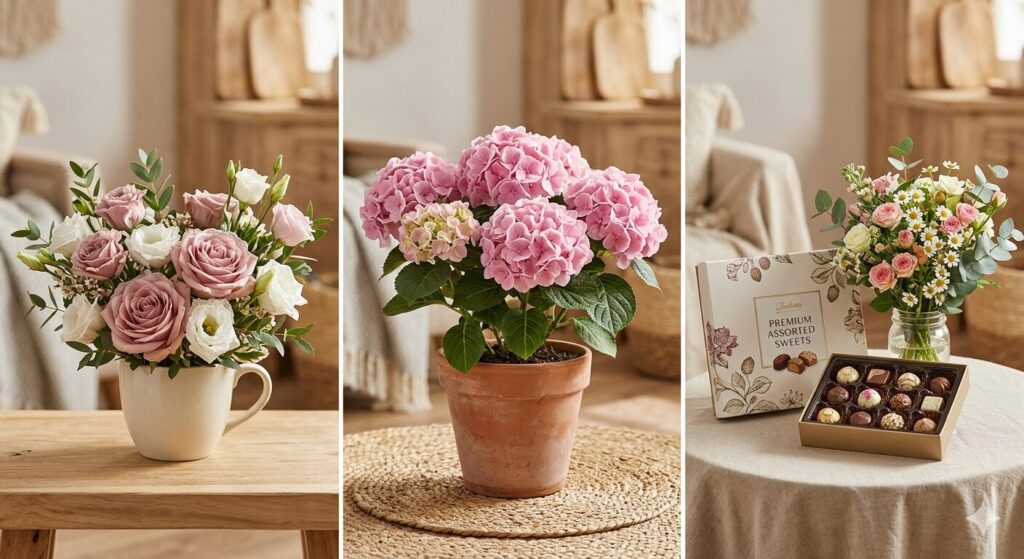 そのまま飾れるアレンジメント、育てる楽しみがあるアジサイの鉢、スイーツセットの比較。