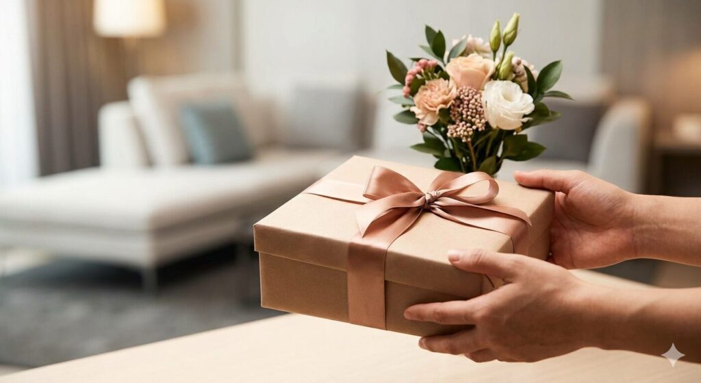丁寧にラッピングされたギフトボックスを手渡すシーン。