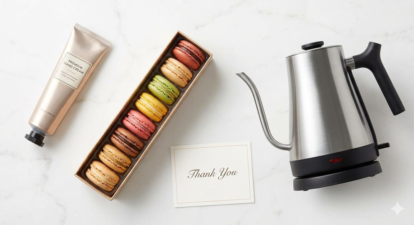 40代の母親が喜ぶ、ハンドクリームや高級スイーツ、時短家電などの母の日ギフトの詰め合わせ。