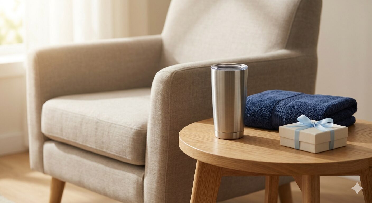 70代・80代の父に贈る、上質なタオルやタンブラー、ギフトボックスが置かれた穏やかな部屋の風景。