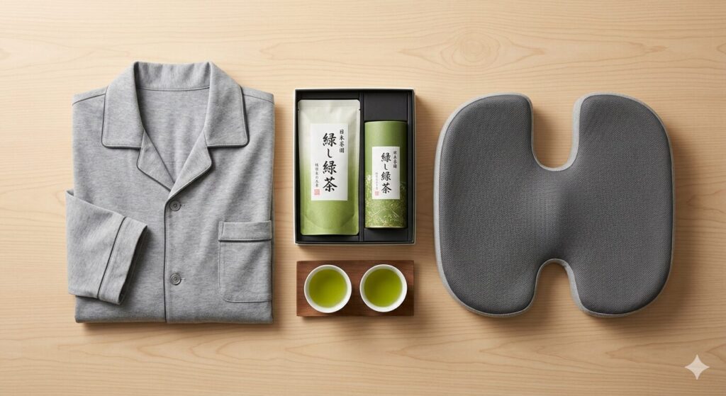 パジャマ、高級日本茶、クッションなど、高齢の父の生活を支える3つのギフトジャンルのイメージ。