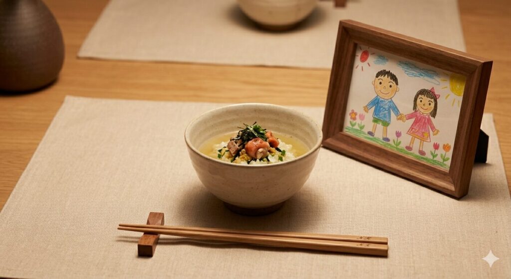 名入れの箸、お孫さんの絵が飾られたフォトフレーム、贅沢な小分けグルメの食卓。