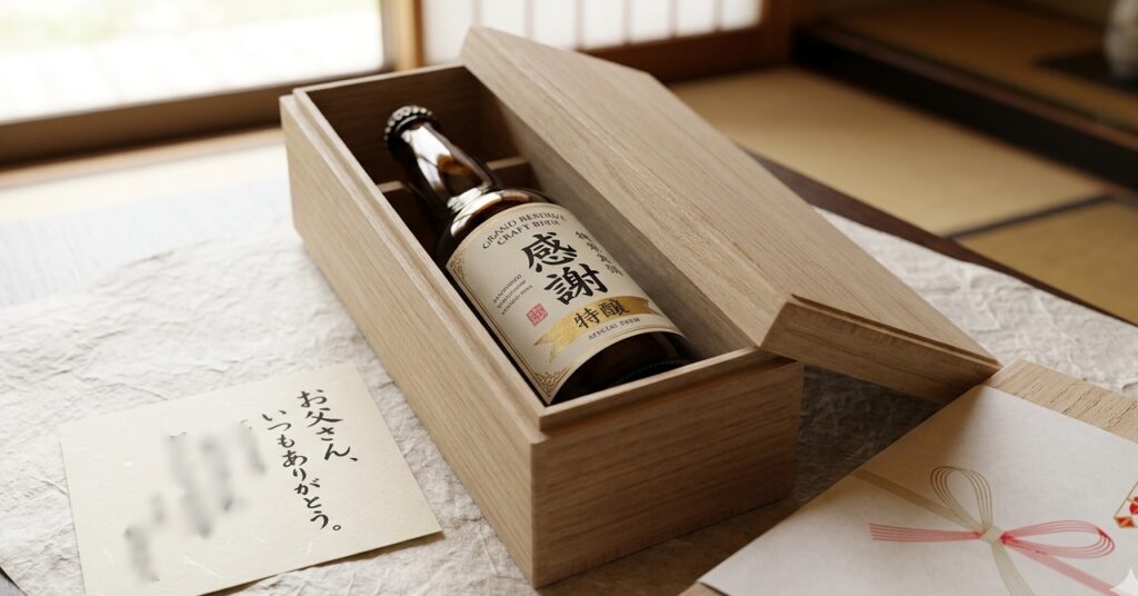 木箱に入ったビールと、のし、メッセージカード。丁寧な包装のイメージ。