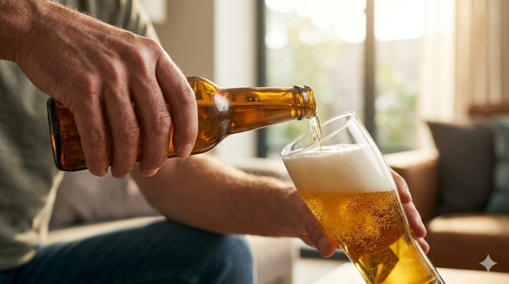 グラスに注がれる黄金色のビールと、きめ細かな泡のアップ。
