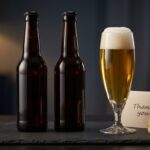 父の日の高級ビールギフト。上質なビールボトルと琥珀色のビールが入ったグラス、感謝のカード。