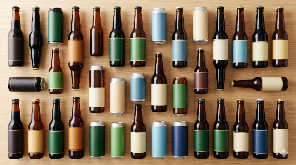 ウッドカウンターに並んだ、さまざまな種類や色のクラフトビール飲み比べセット。