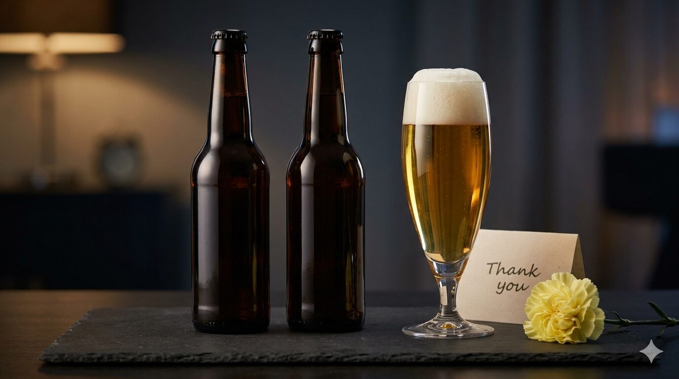 父の日の高級ビールギフト。上質なビールボトルと琥珀色のビールが入ったグラス、感謝のカード。