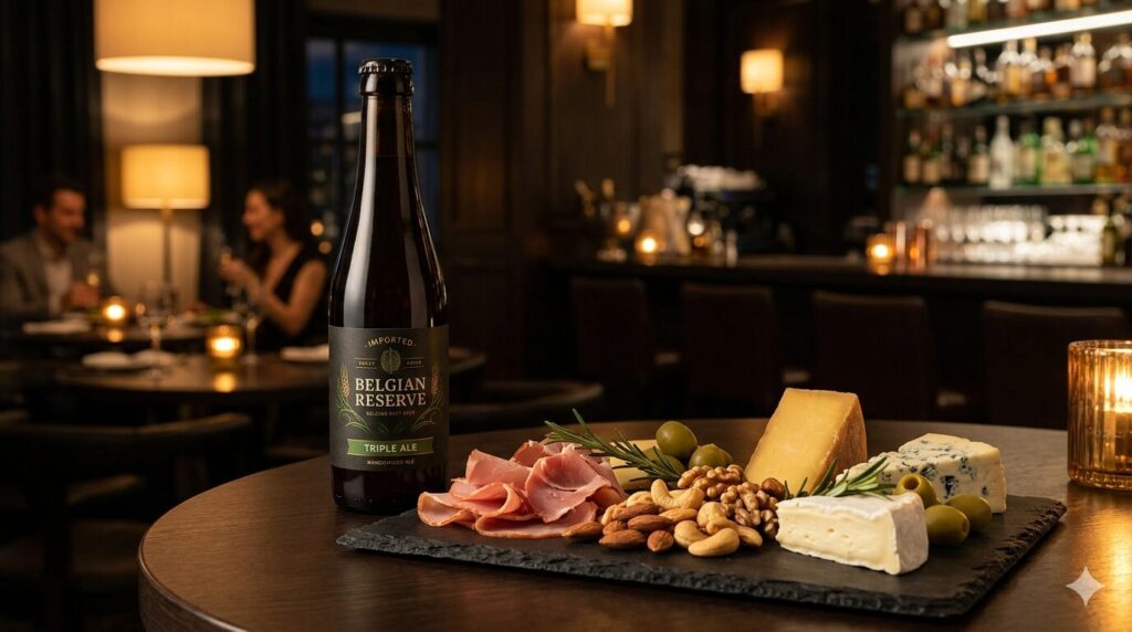 高級ビールと、スモークハムやチーズなどのグルメなおつまみセットのペアリング。