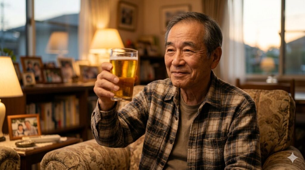 プレゼントのビールを手に、幸せそうに微笑むお父様の晩酌シーン。
