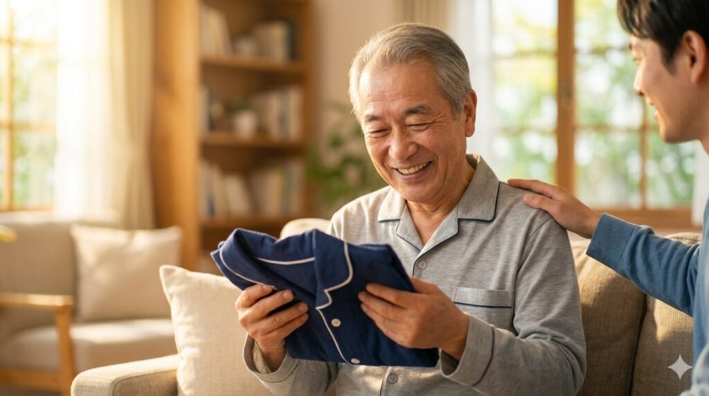 プレゼントされたパジャマを手に取り、嬉しそうに微笑むお父様の笑顔。