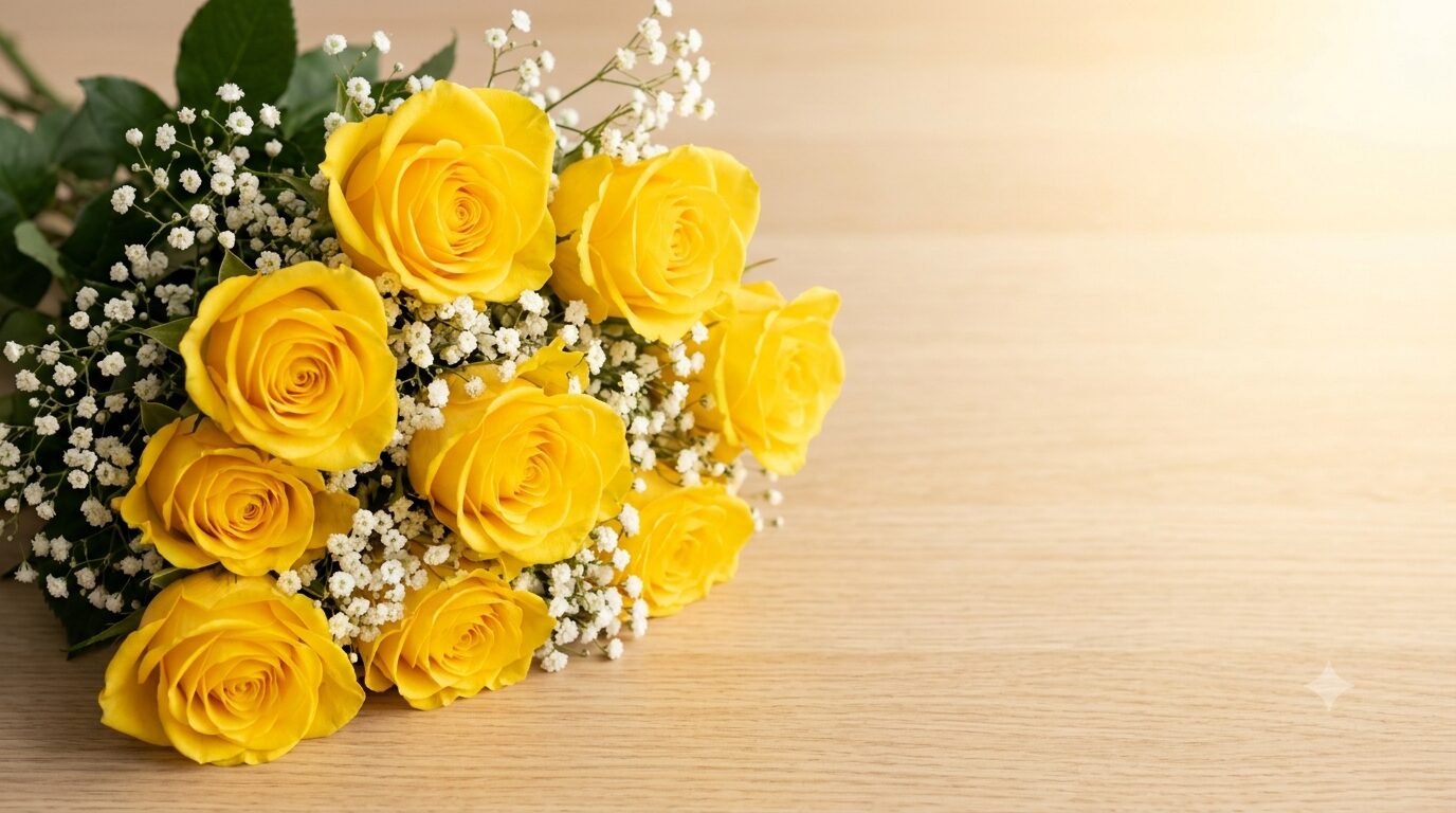 父の日のプレゼントに贈る、美しい黄色いバラとカスミソウの花束。