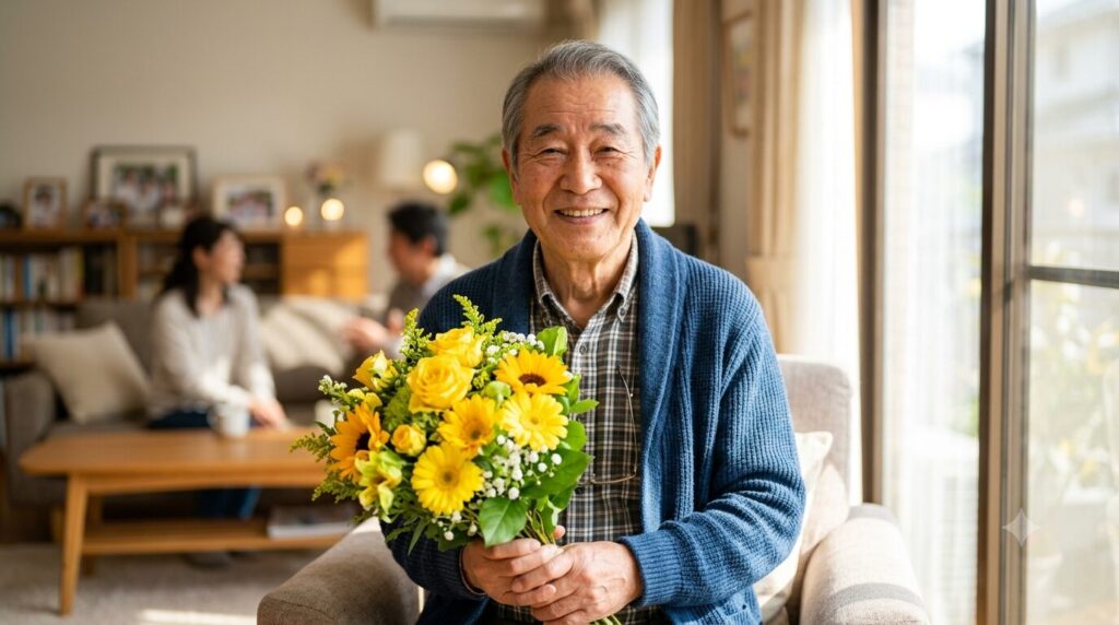 黄色い花束を受け取り、微笑むお父様の笑顔。