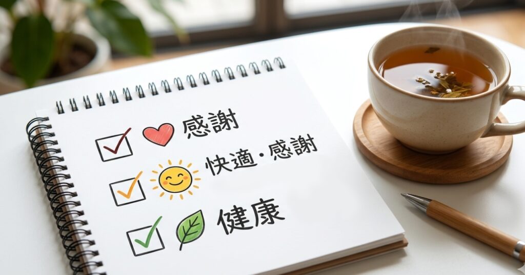 白のノートに描かれた「感謝(ハート)」「労い(太陽)」「健康(葉)」の3つのチェックボックスと、横に置かれたハーブティーのカップ。
