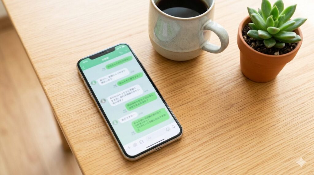 コーヒーと観葉植物の横に置かれた、チャット画面が開かれたスマートフォンのアップ。