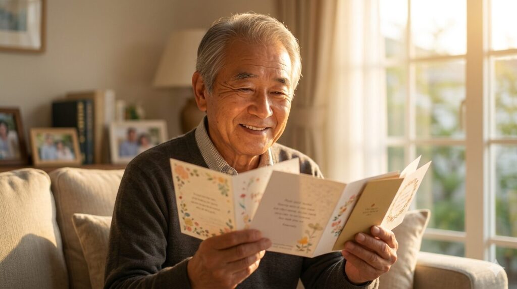 リビングで複数の手紙やカードを眺めながら、嬉しそうに微笑むお父様。