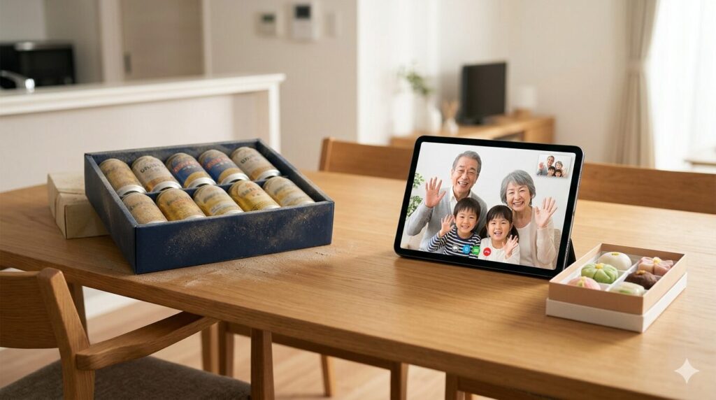 埃を被った伝統的なお中元の箱と、笑顔でビデオ通話をする家族が映るタブレット、おしゃれな手土産。