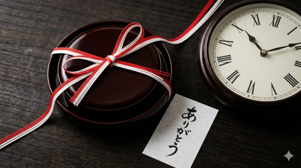 10年以上続く絆を象徴する長い水引リボンと、高品質な和食器の贈り物、そして時間を刻む時計。