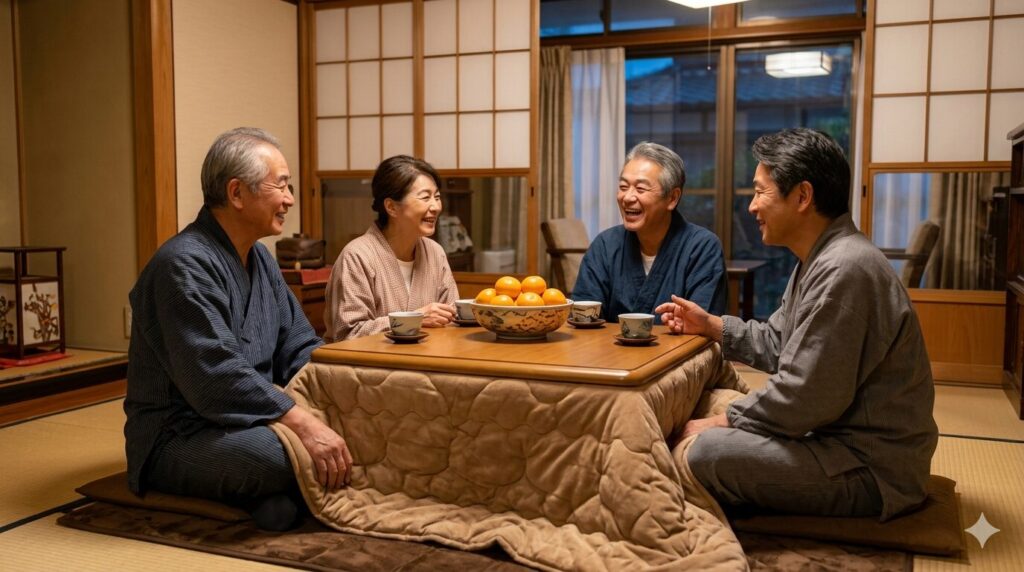 お正月のコタツでミカンを囲み、穏やかに談笑する夫婦と高齢の親。