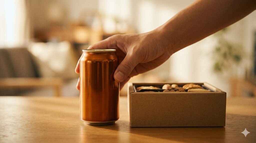 お中元の品物(ビール缶)と、帰省時の手土産(お菓子)が、温かい手によって一緒にテーブルに置かれる。