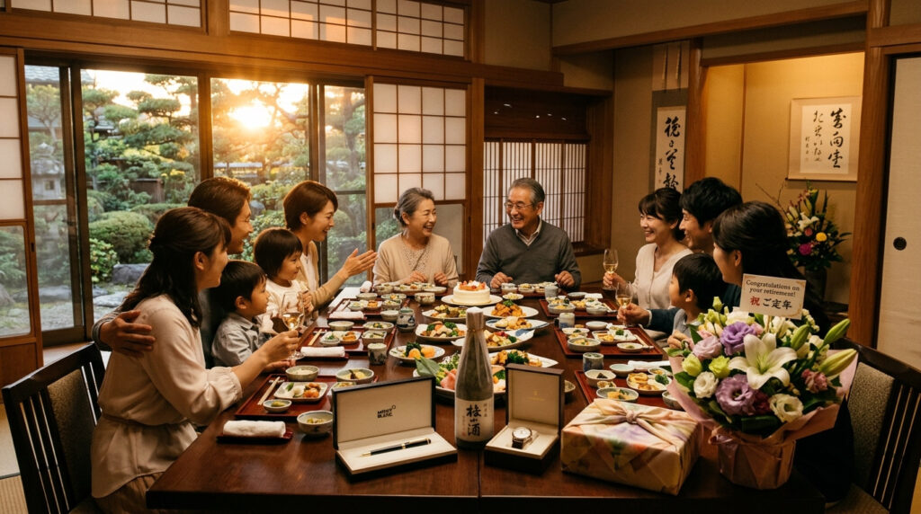 退職祝いを囲む家族の温かな時間のイメージ