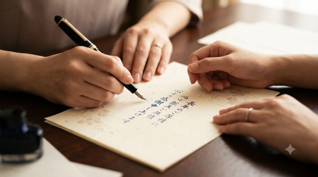 万年筆で丁寧にお礼状や手紙を書く様子