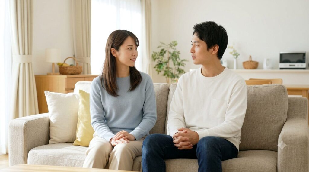 義実家へのお中元じまいについて、夫婦で円満に話し合っている様子
