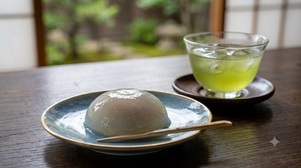 高級感あふれる夏の和菓子と冷茶のセット