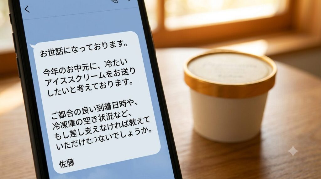 お中元のアイスを贈る前にスマートフォンで事前確認をする様子