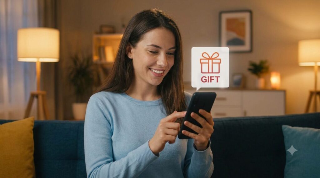 スマートフォンでソーシャルギフトの受け取り日時を指定している女性