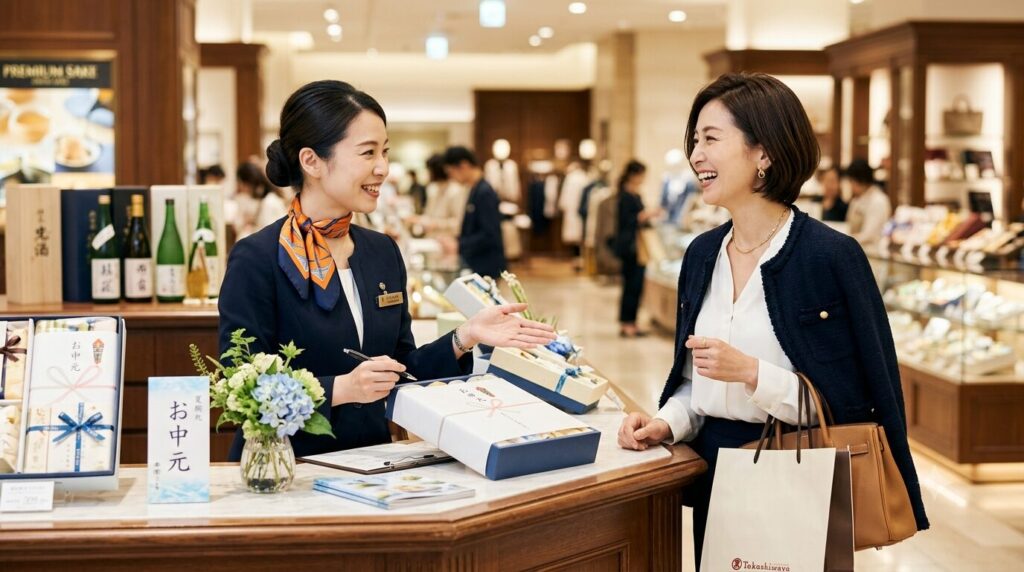 百貨店のギフトカウンターで相談にのるコンシェルジュ