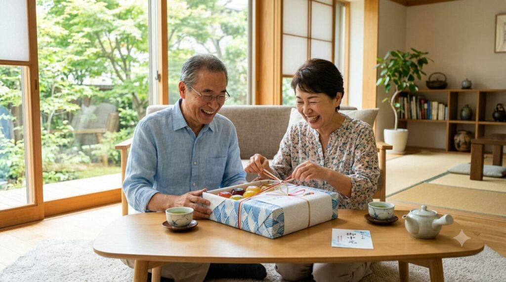 お中元の品物を受け取って笑顔で喜ぶシニア夫婦