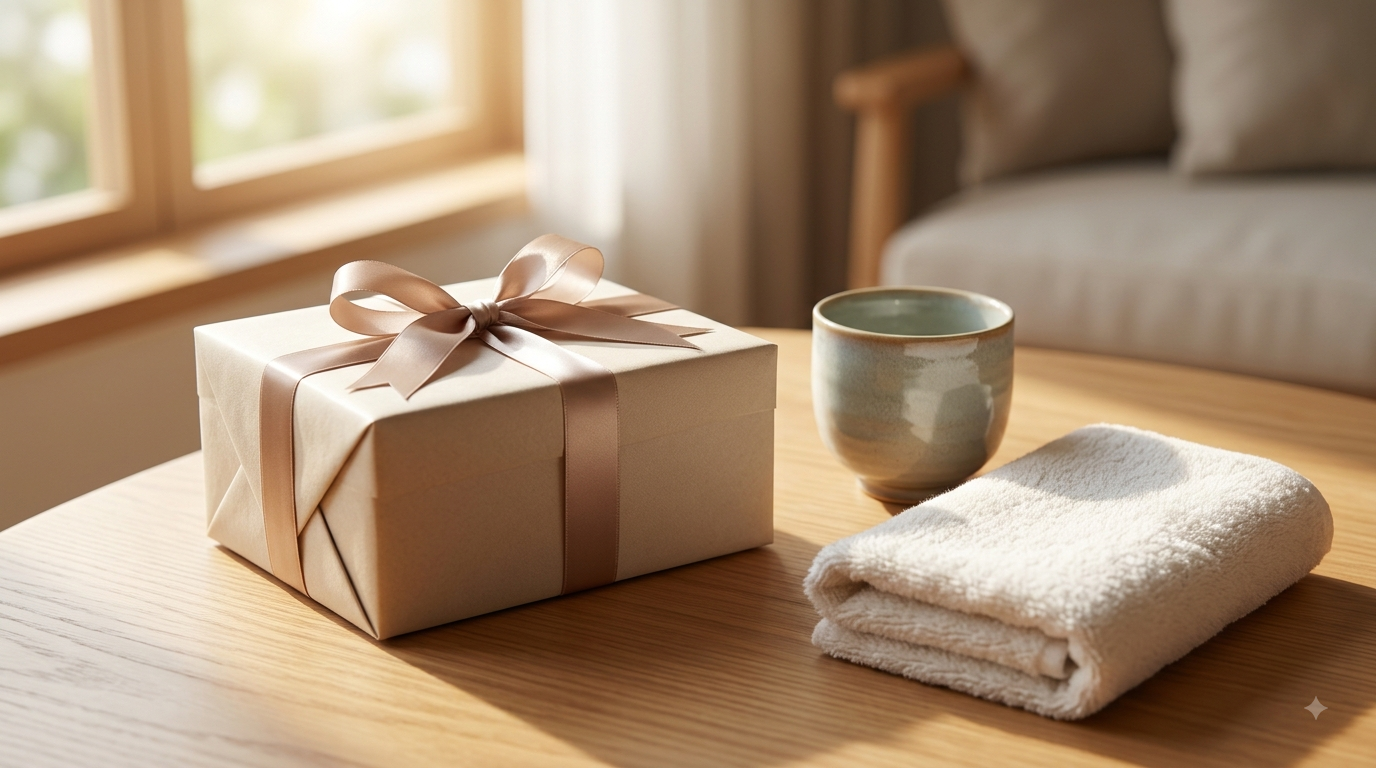 敬老の日の実用的なプレゼントをイメージした上品なギフトボックスと湯呑み、高級タオルのセット