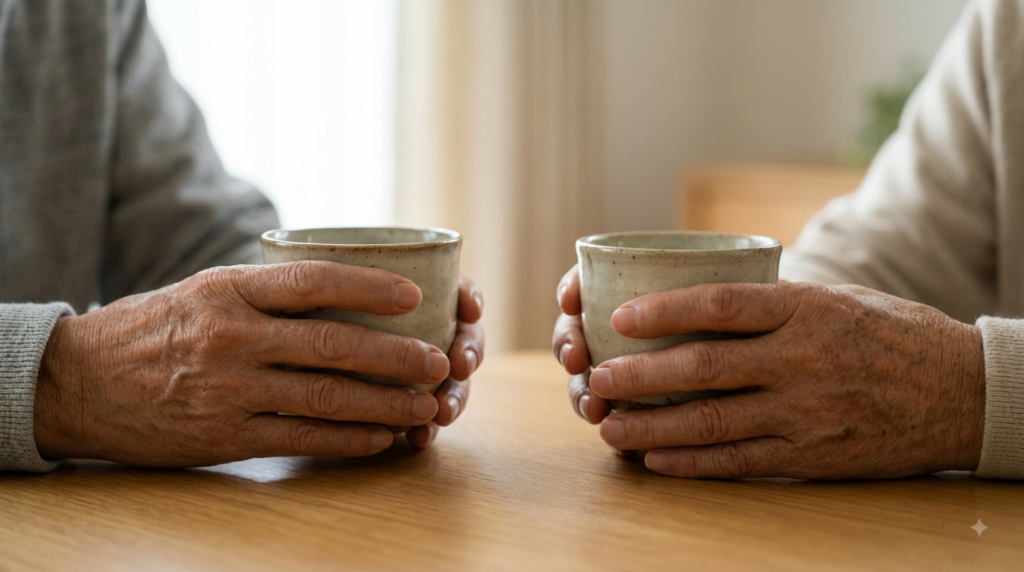 温かいお茶の入った湯呑みを両手で持つシニア夫婦の手元