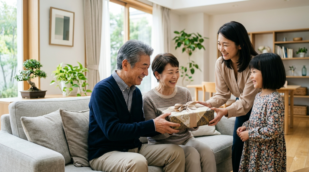家族から敬老の日のプレゼントを受け取り笑顔を見せる祖父母